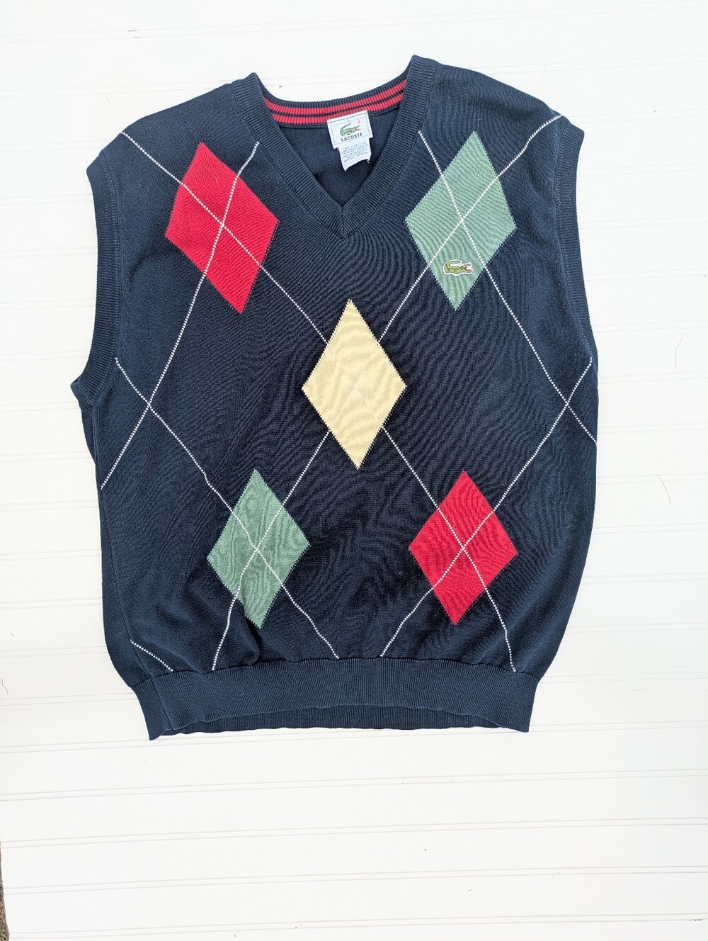 Lacoste Vintage Navy Blue 100 Percent Cotton Argyle Sweater Vest Grandpa